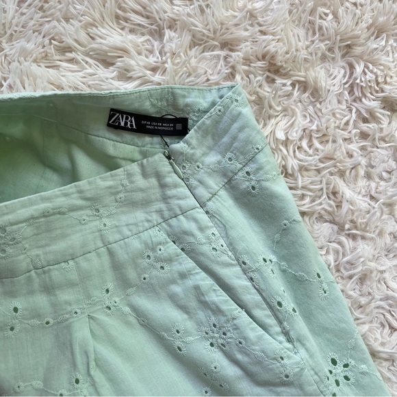 ZARA Embroidered Eyelet Shorts Mint Green Cotton High Waisted Pockets size XS - Picture 6 of 10
